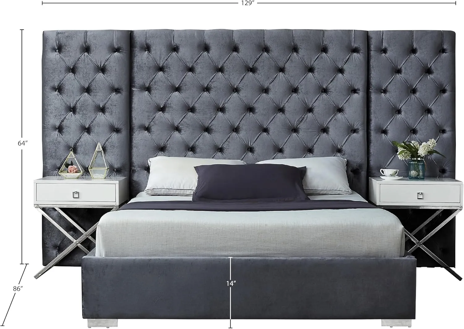 Meridian Furniture Grande Collection Modern | Contemporary Velvet Upholstered Bed with Luxurious Deep Button Tufting and Stainless Steel Legs in Polished Chrome Finish, Grey, King