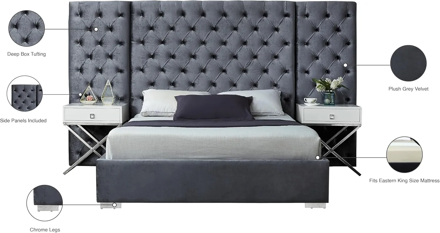 Meridian Furniture Grande Collection Modern | Contemporary Velvet Upholstered Bed with Luxurious Deep Button Tufting and Stainless Steel Legs in Polished Chrome Finish, Grey, King