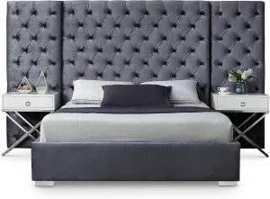 Meridian Furniture Grande Collection Modern | Contemporary Velvet Upholstered Bed with Luxurious Deep Button Tufting and Stainless Steel Legs in Polished Chrome Finish, Grey, King