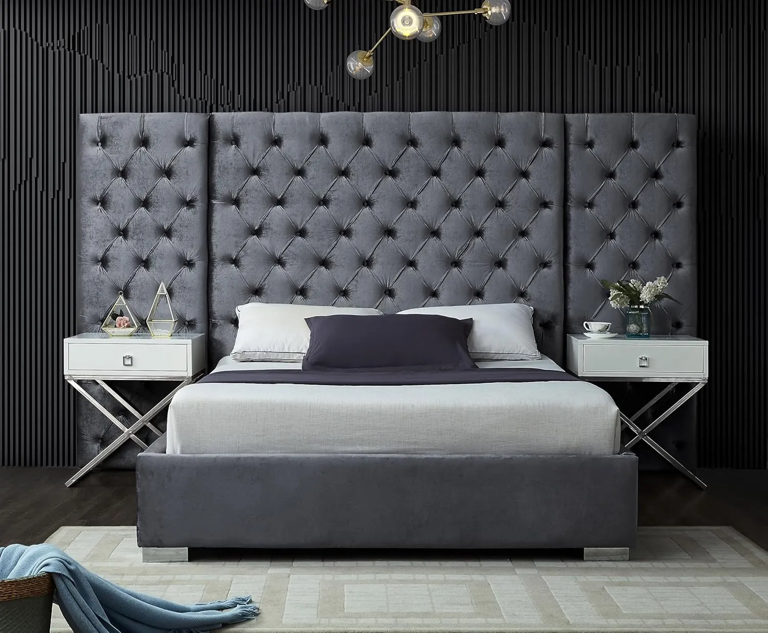 Meridian Furniture Grande Collection Modern | Contemporary Velvet Upholstered Bed with Luxurious Deep Button Tufting and Stainless Steel Legs in Polished Chrome Finish, Grey, King