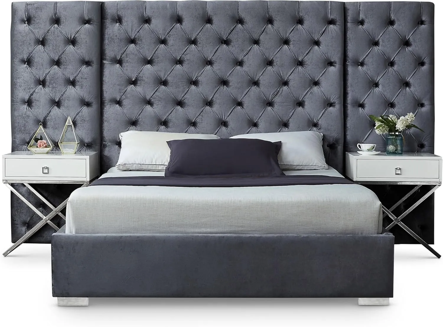 Meridian Furniture Grande Collection Modern | Contemporary Velvet Upholstered Bed with Luxurious Deep Button Tufting and Stainless Steel Legs in Polished Chrome Finish, Grey, King