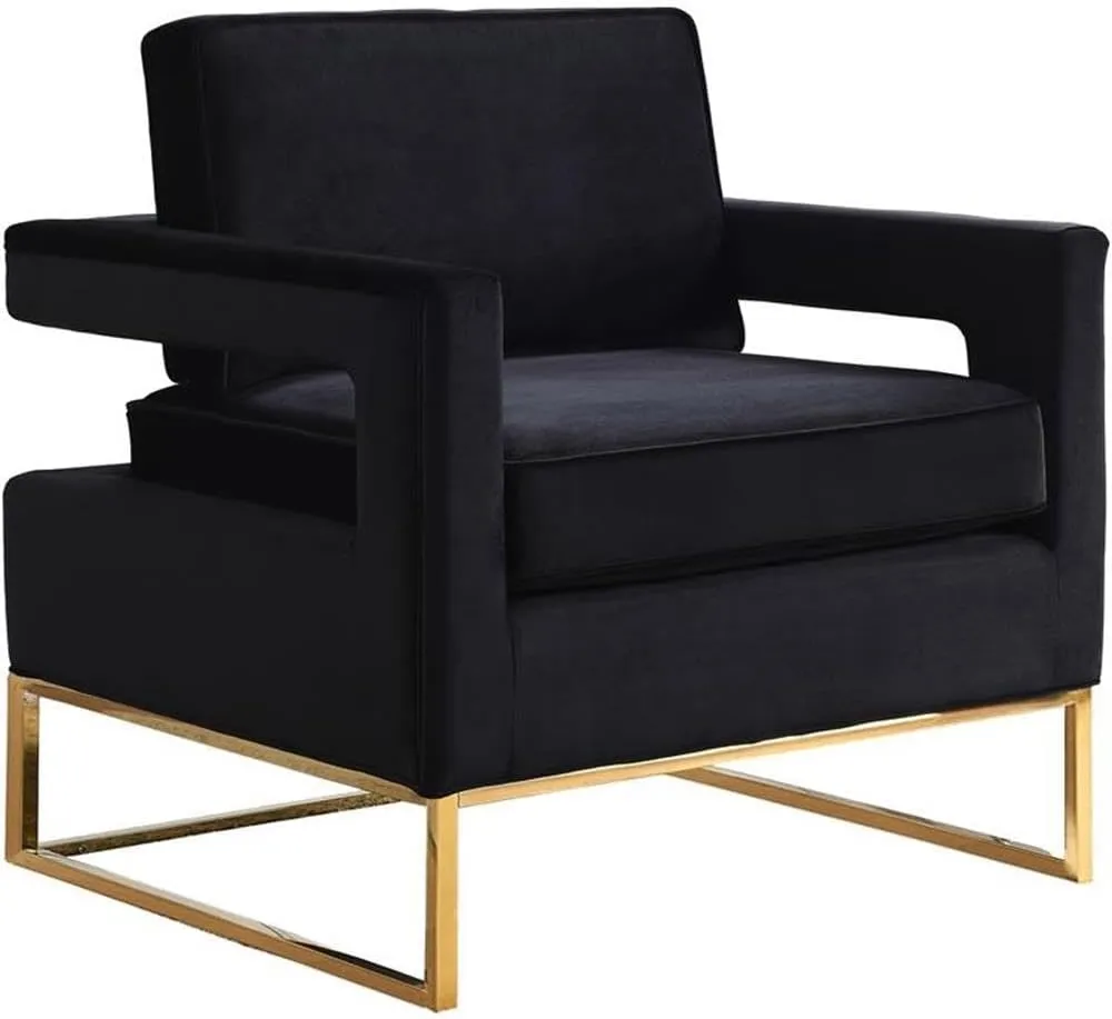 Meridian Furniture Modern | Contemporary Black Velvet Upholstered Accent Chair with Stainless Steel Base in a Rich Gold Finish, 33.5" W x 29.5" D x 35.5" H,