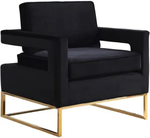 Meridian Furniture Modern | Contemporary Black Velvet Upholstered Accent Chair with Stainless Steel Base in a Rich Gold Finish, 33.5" W x 29.5" D x 35.5" H,