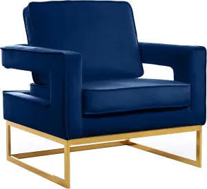 Meridian Furniture Noah Collection Modern | Contemporary Velvet Upholstered Accent Chair with Durable Stainless Steel Base, Navy, Gold Base