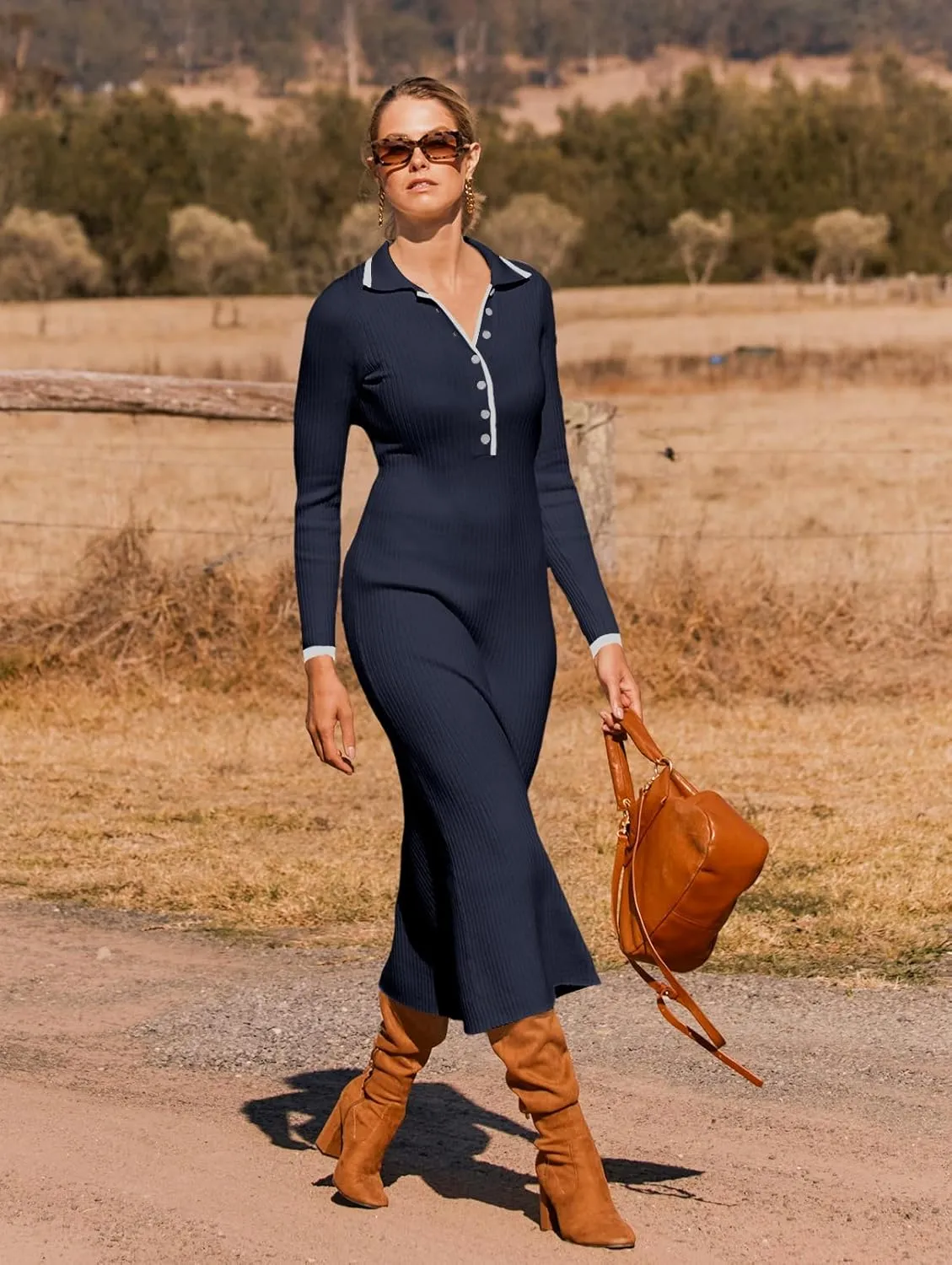 MEROKEETY Women's Long Sleeve V Neck Sweater Dress Button Ribbed Knit Slim Fit Elegant Maxi Dresses