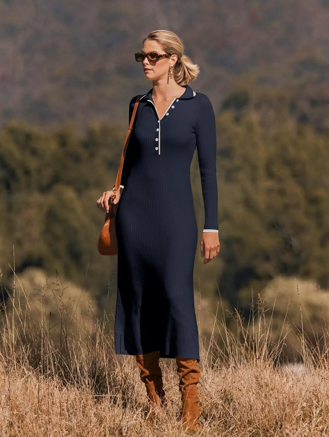 MEROKEETY Women's Long Sleeve V Neck Sweater Dress Button Ribbed Knit Slim Fit Elegant Maxi Dresses