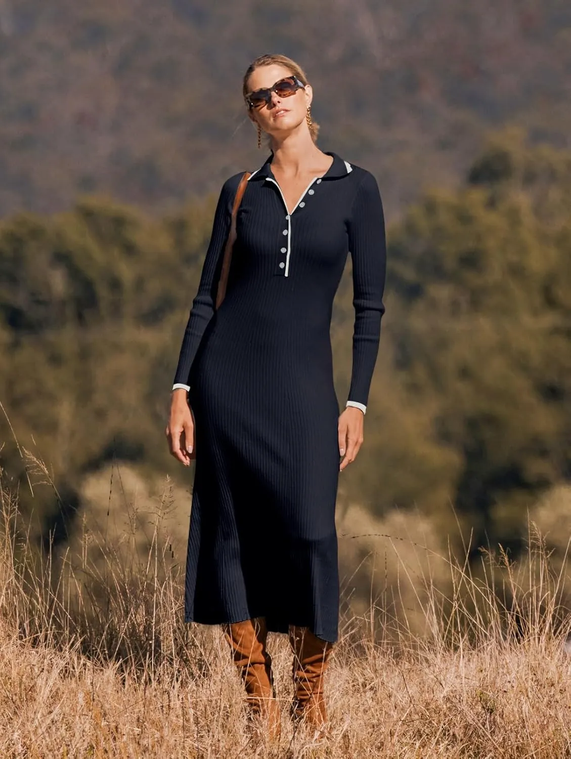 MEROKEETY Women's Long Sleeve V Neck Sweater Dress Button Ribbed Knit Slim Fit Elegant Maxi Dresses