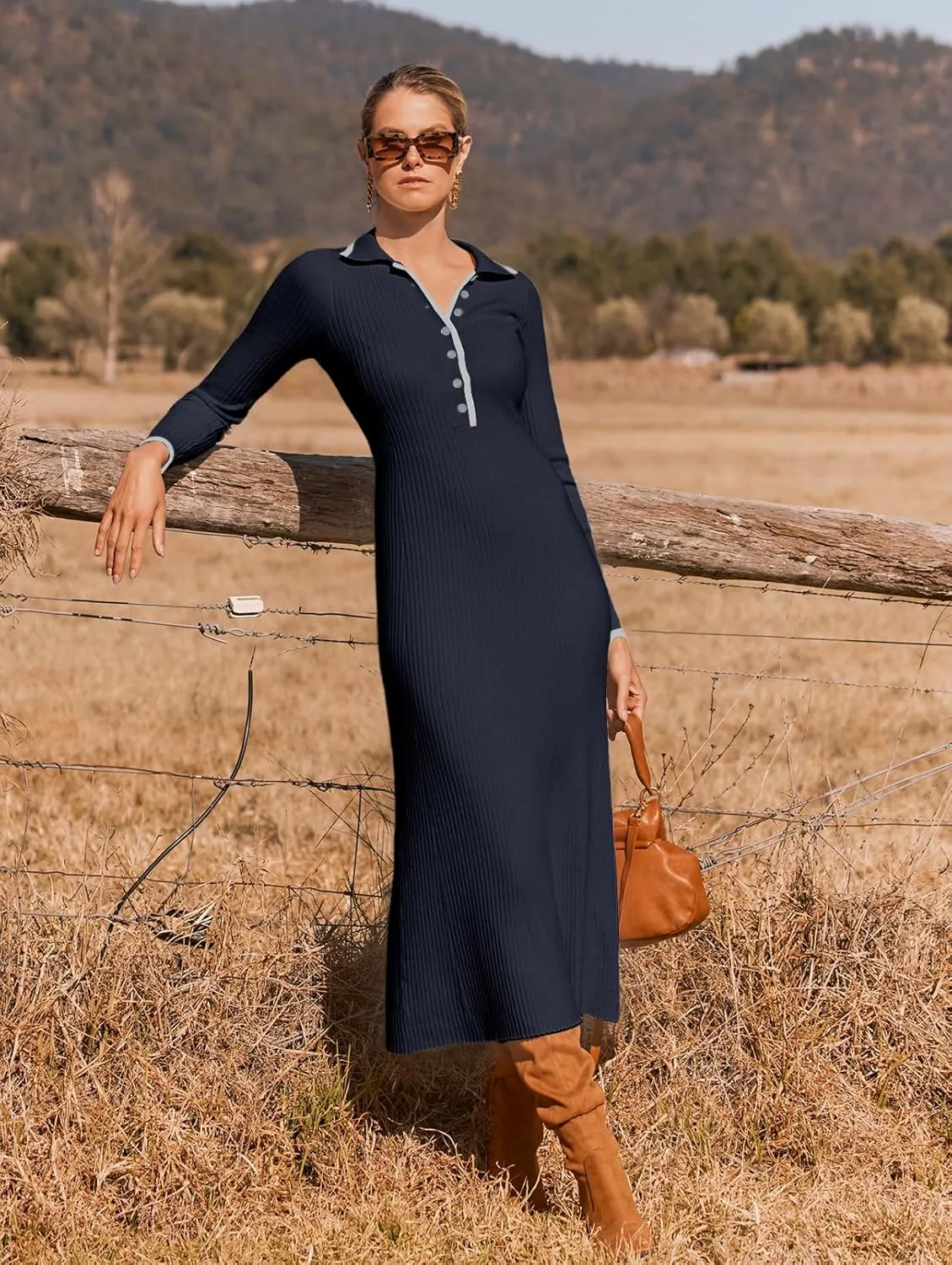 MEROKEETY Women's Long Sleeve V Neck Sweater Dress Button Ribbed Knit Slim Fit Elegant Maxi Dresses