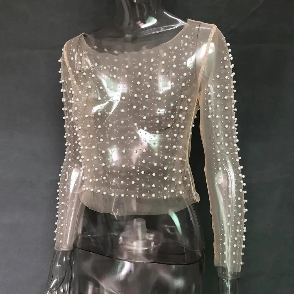 Mesh Pearl Embellished Long Sleeved Top
