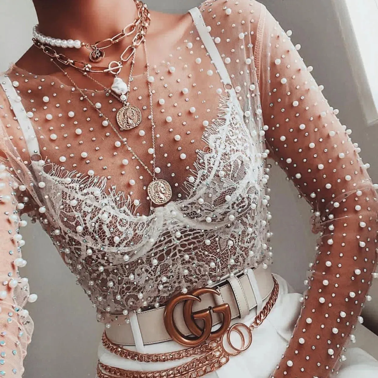 Mesh Pearl Embellished Long Sleeved Top