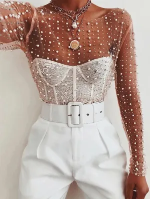 Mesh Pearl Embellished Long Sleeved Top