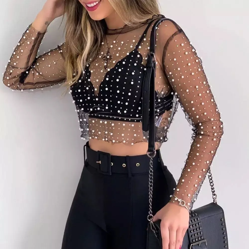 Mesh Pearl Embellished Long Sleeved Top