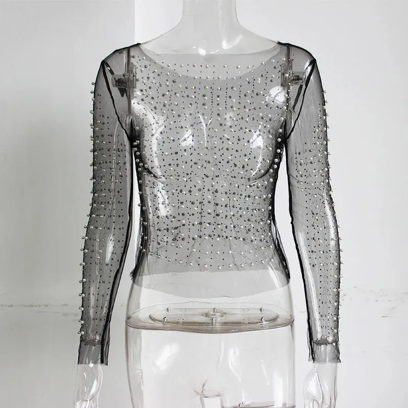 Mesh Pearl Embellished Long Sleeved Top