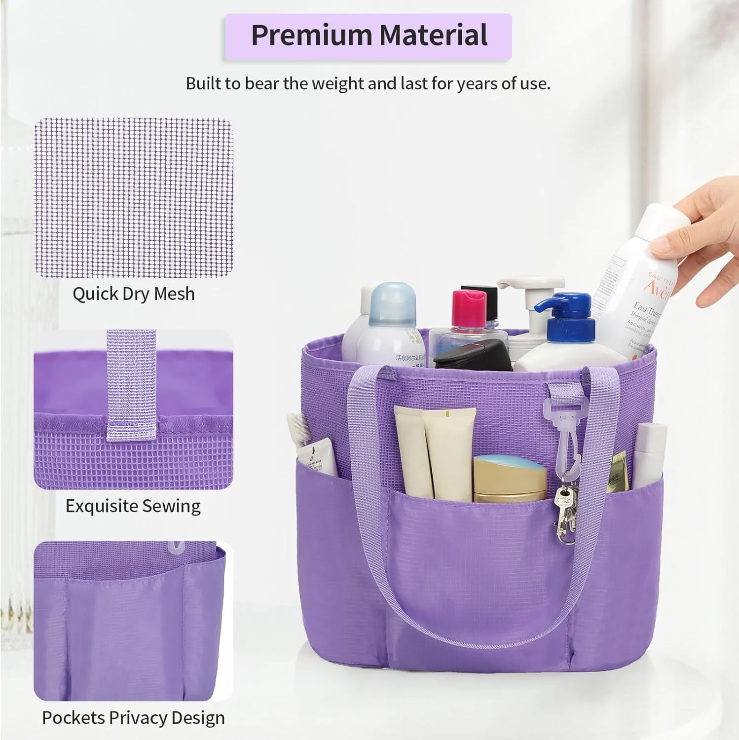 Mesh Shower Caddy Portable, Travel Toiletry Bag for Women Men, Large Capacity Shower Bag Quick Dry Bathroom Bag for Dorm, Gym, Bathroom, Camping, Beach, Swimming, Traveling, Purple