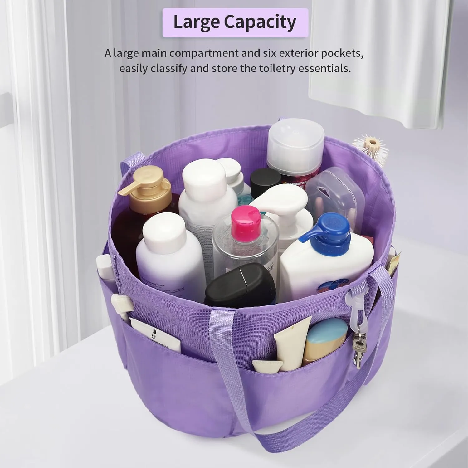 Mesh Shower Caddy Portable, Travel Toiletry Bag for Women Men, Large Capacity Shower Bag Quick Dry Bathroom Bag for Dorm, Gym, Bathroom, Camping, Beach, Swimming, Traveling, Purple
