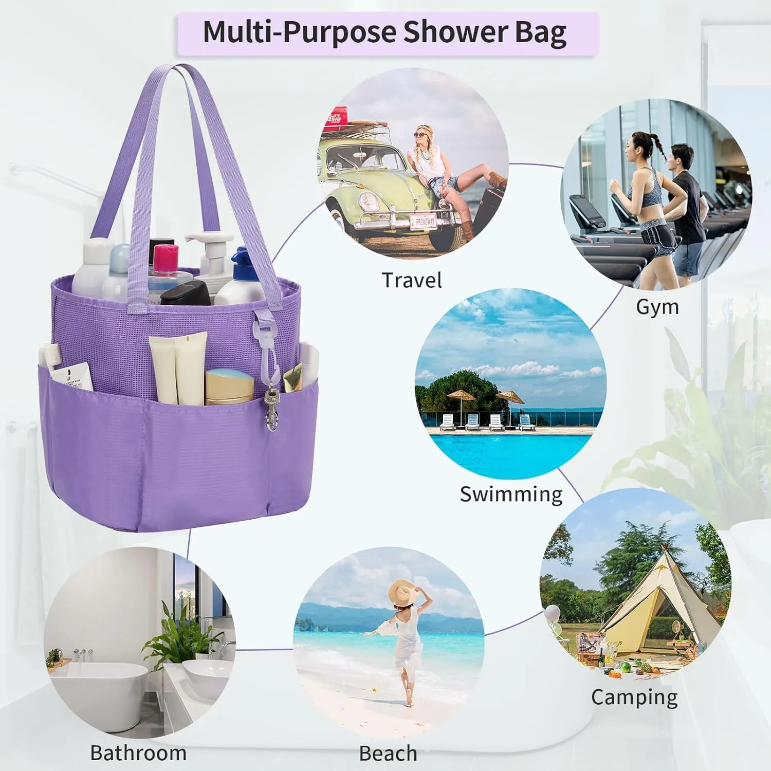 Mesh Shower Caddy Portable, Travel Toiletry Bag for Women Men, Large Capacity Shower Bag Quick Dry Bathroom Bag for Dorm, Gym, Bathroom, Camping, Beach, Swimming, Traveling, Purple
