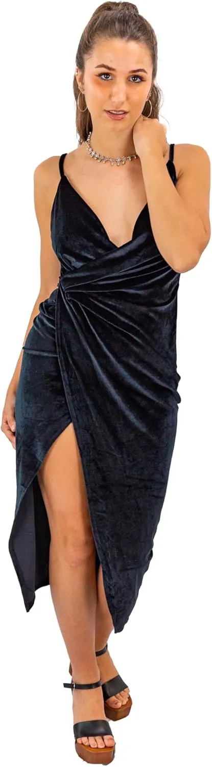 Midnight Velvet Elegance Dress: Luxurious Black Deep V Wrap Cami with Spaghetti Straps