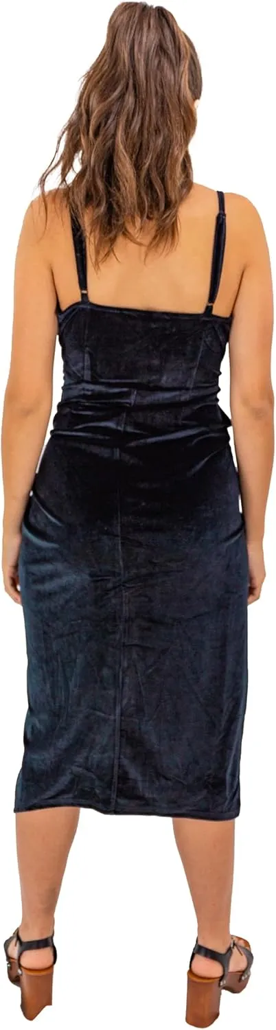 Midnight Velvet Elegance Dress: Luxurious Black Deep V Wrap Cami with Spaghetti Straps