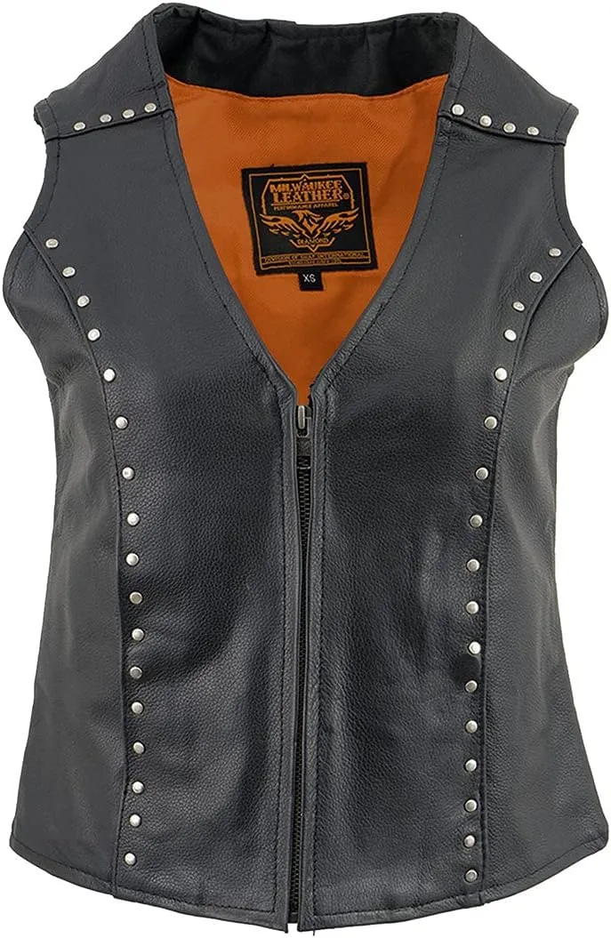 Milwaukee Leather ML2078 Women's Black Premium Leather Motorcycle Rider Vest w/Studding Detail