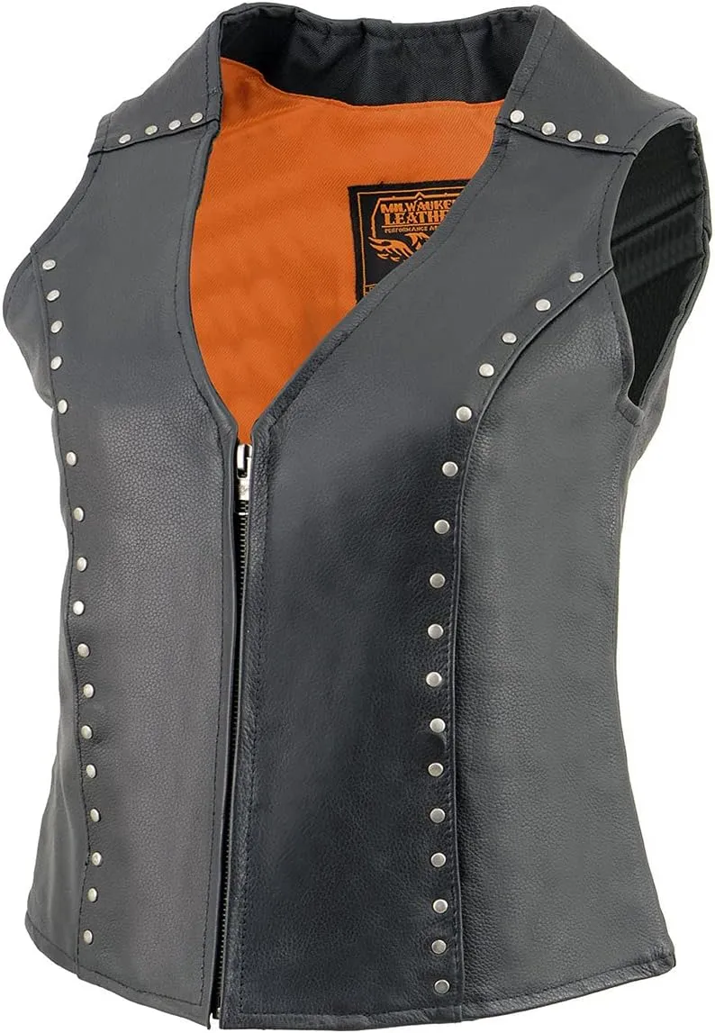 Milwaukee Leather ML2078 Women's Black Premium Leather Motorcycle Rider Vest w/Studding Detail