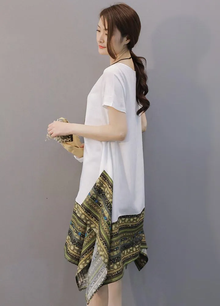 Minibee Women's Ethnic Cotton Linen Short/Long Sleeves Irregular Dress