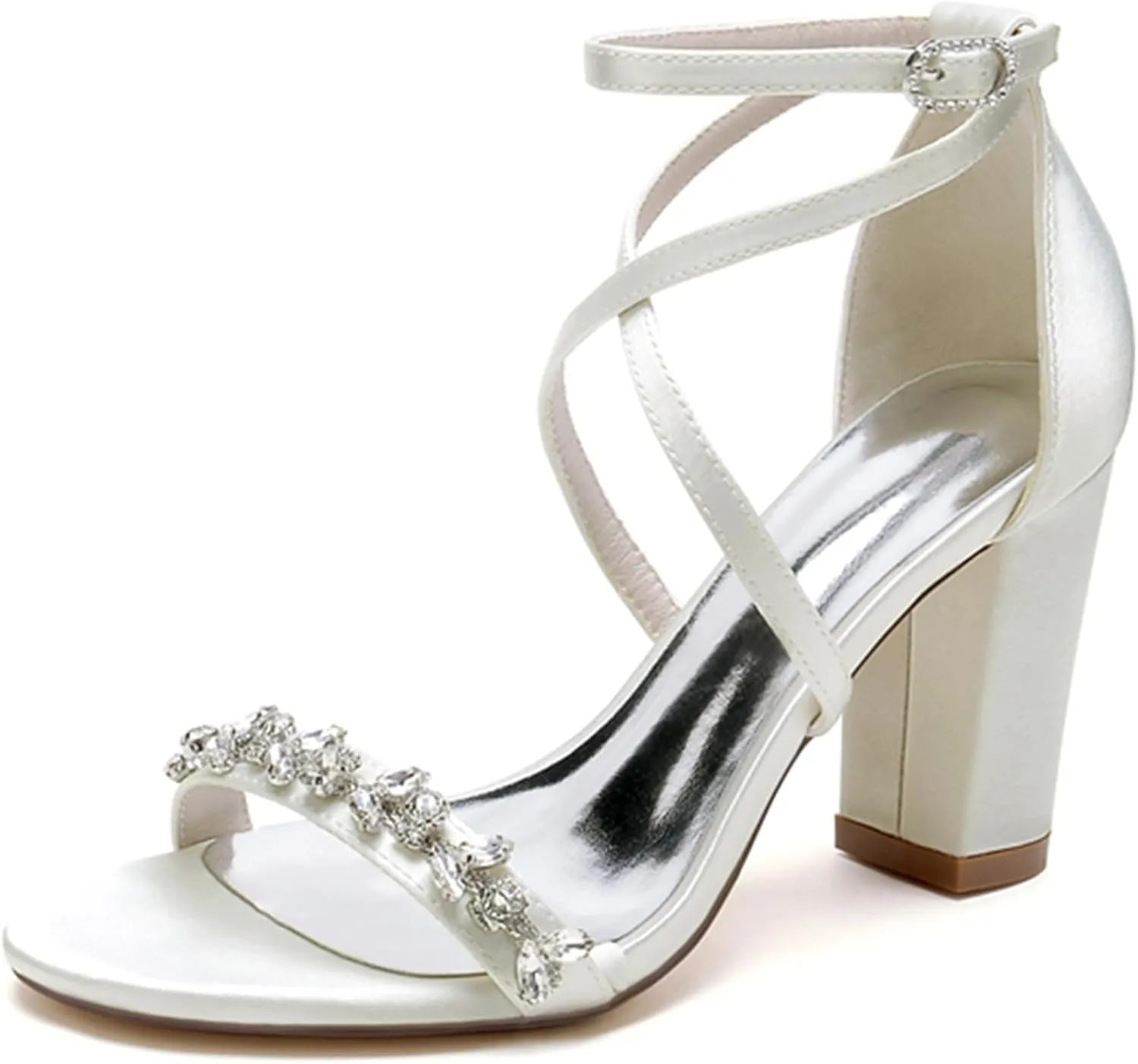 Minishion Block Heel Wedding Dress Shoes Fur Women Ankle Strap Evening Sandals with Rhinestone MS289