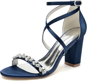 Minishion Block Heel Wedding Dress Shoes Fur Women Ankle Strap Evening Sandals with Rhinestone MS289