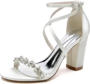 Minishion Block Heel Wedding Dress Shoes Fur Women Ankle Strap Evening Sandals with Rhinestone MS289