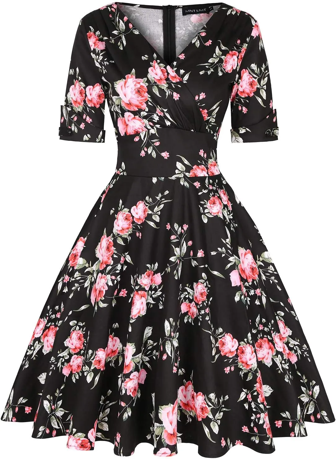MINTLIMIT Women's 1950s Vintage Wrap V Neck Half Sleeve Retro Cocktail Swing Dress Plain A-line Dresses