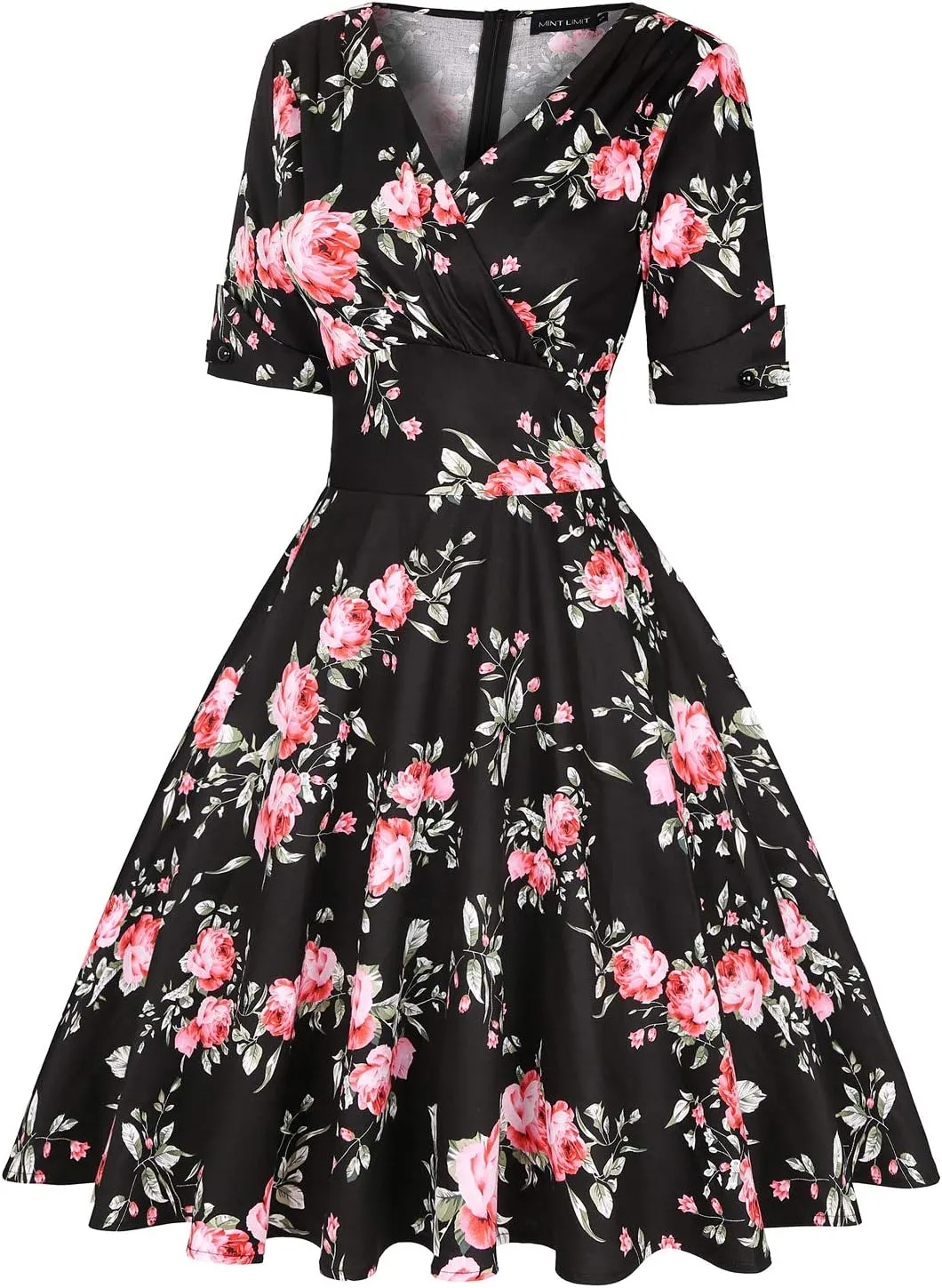 MINTLIMIT Women's 1950s Vintage Wrap V Neck Half Sleeve Retro Cocktail Swing Dress Plain A-line Dresses