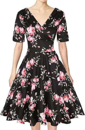 MINTLIMIT Women's 1950s Vintage Wrap V Neck Half Sleeve Retro Cocktail Swing Dress Plain A-line Dresses