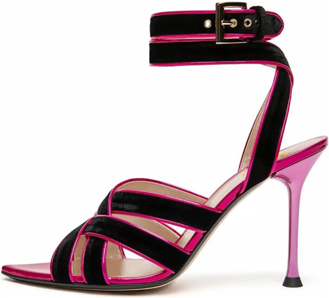 miss left Women Sexy Strappy Stiletto High Heel Sandals Open Pointy Toe Cross Straps Buckle Pumps Soft Velvet Weekend Party Shoes Size 4-16 US