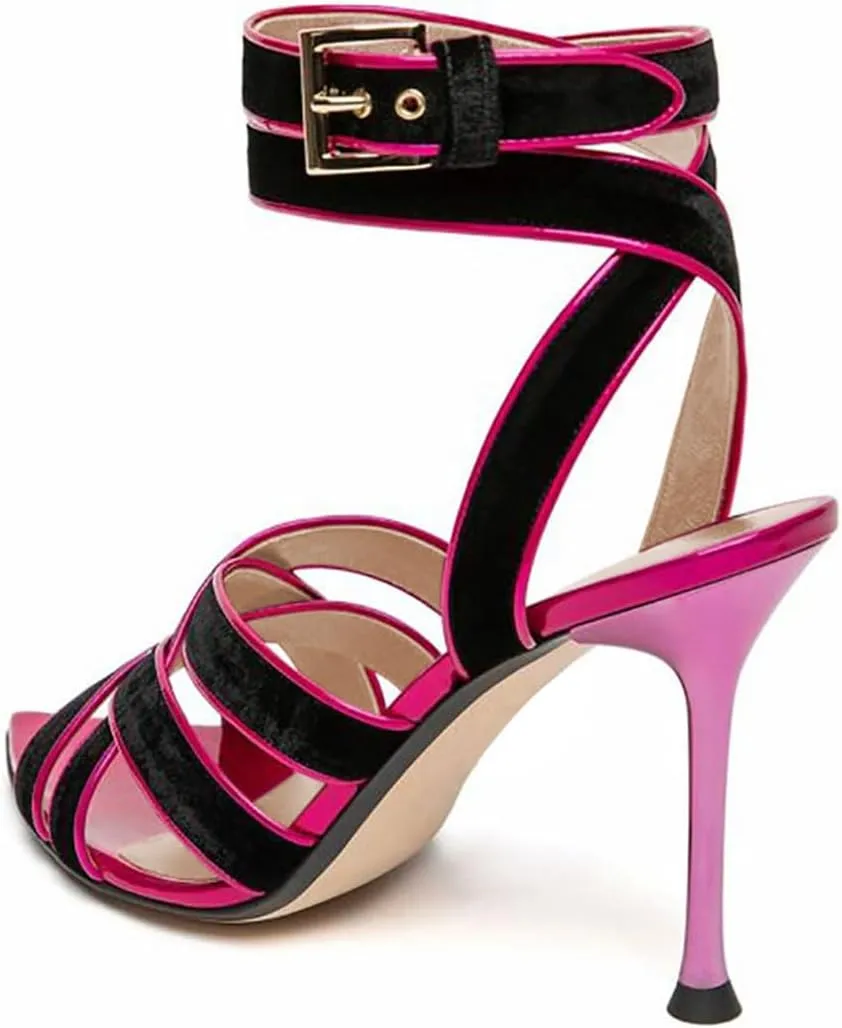 miss left Women Sexy Strappy Stiletto High Heel Sandals Open Pointy Toe Cross Straps Buckle Pumps Soft Velvet Weekend Party Shoes Size 4-16 US