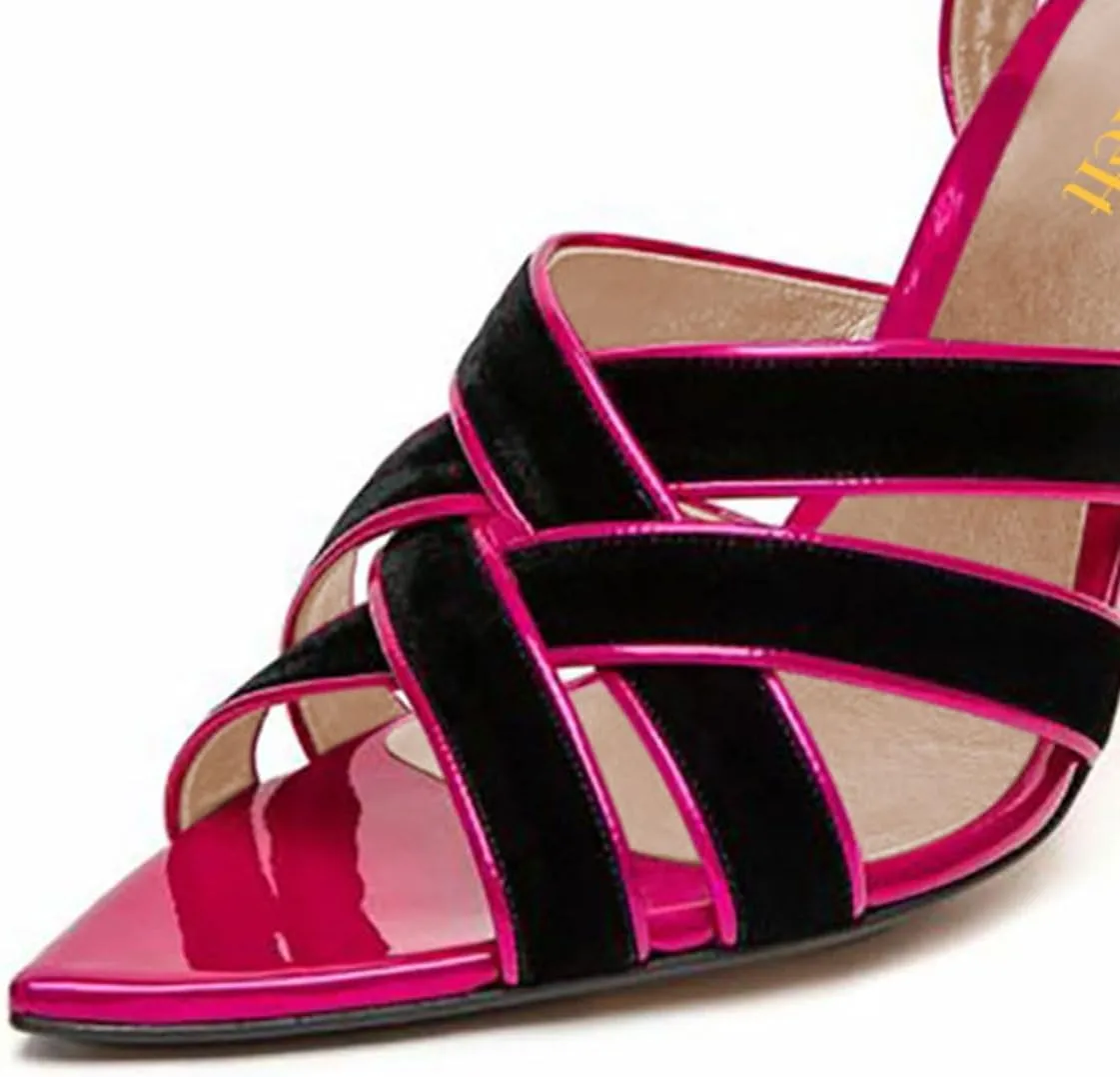 miss left Women Sexy Strappy Stiletto High Heel Sandals Open Pointy Toe Cross Straps Buckle Pumps Soft Velvet Weekend Party Shoes Size 4-16 US