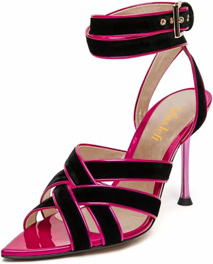 miss left Women Sexy Strappy Stiletto High Heel Sandals Open Pointy Toe Cross Straps Buckle Pumps Soft Velvet Weekend Party Shoes Size 4-16 US