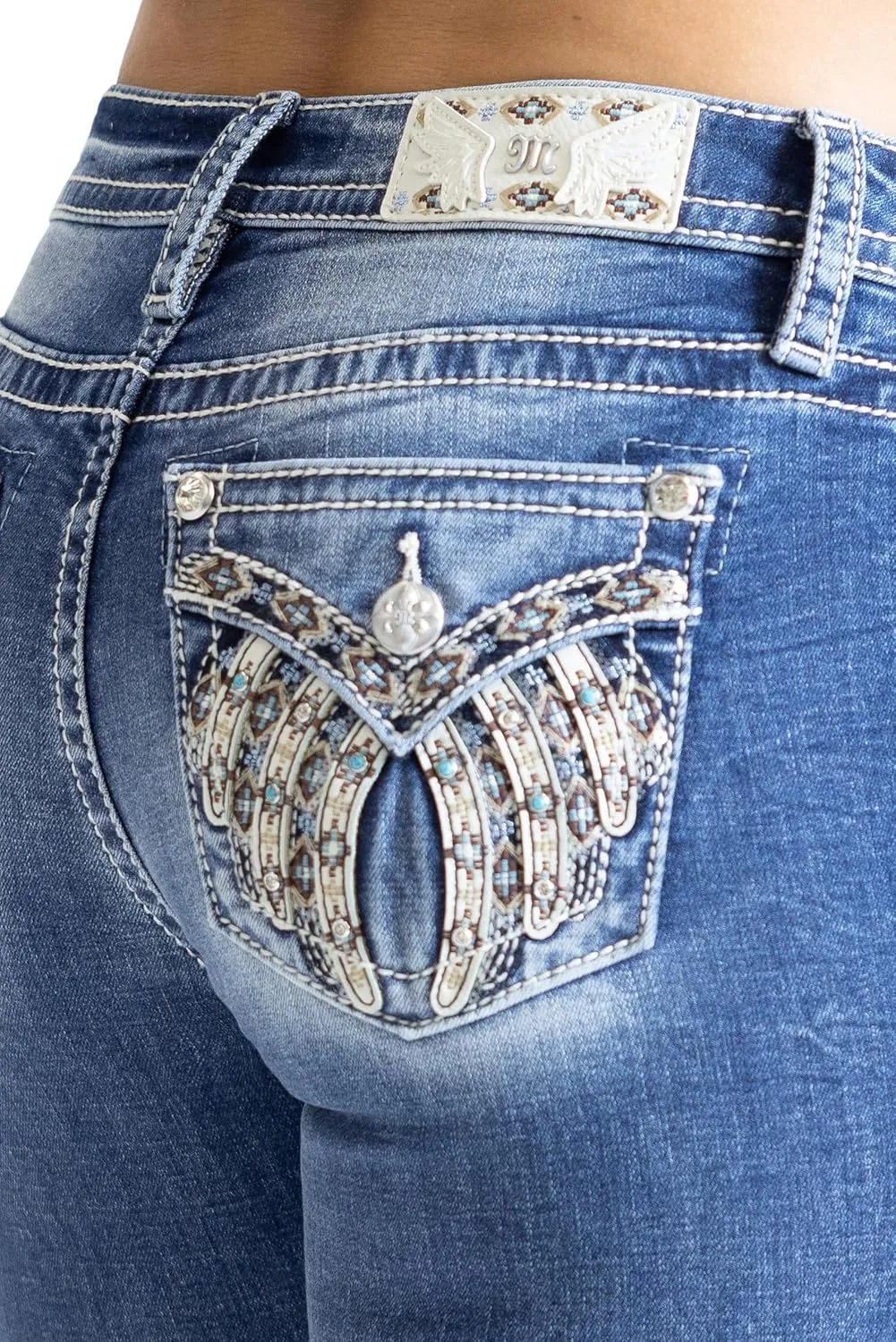 Miss Me Women's Aztec Wings Faux Flap Pocket Mid-Rise Bootcut Jeans