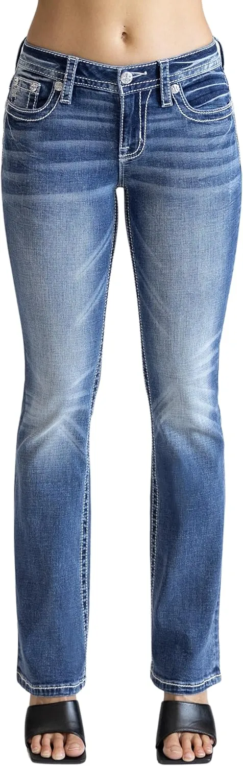 Miss Me Women's Aztec Wings Faux Flap Pocket Mid-Rise Bootcut Jeans