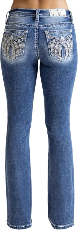 Miss Me Women's Aztec Wings Faux Flap Pocket Mid-Rise Bootcut Jeans