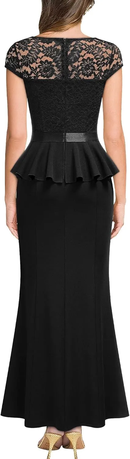 MISSMAY Women's Elegant Floral Lace Ruffle Split Cocktail Party Long Dress