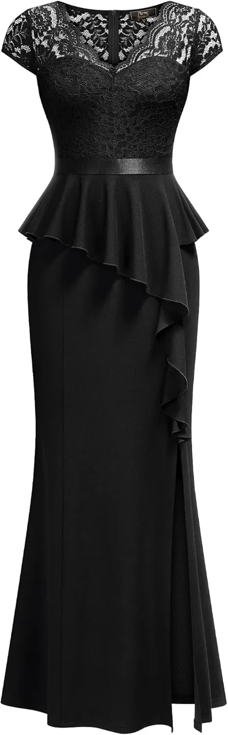 MISSMAY Women's Elegant Floral Lace Ruffle Split Cocktail Party Long Dress