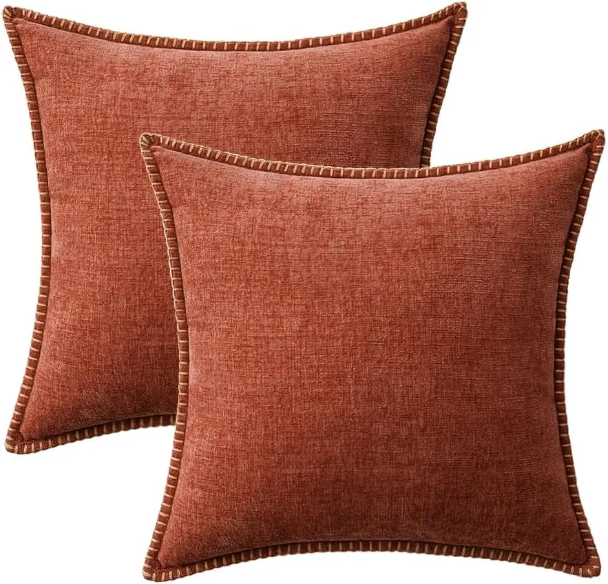 MIULEE Pack of 2 Couch Throw Pillow Covers 16x16 Inch Burnt Orange Farmhouse Decorative Pillow Covers with Stitched Edge Soft Chenille Solid Dyed Fall Pillow Covers for Sofa Bed Living Room
