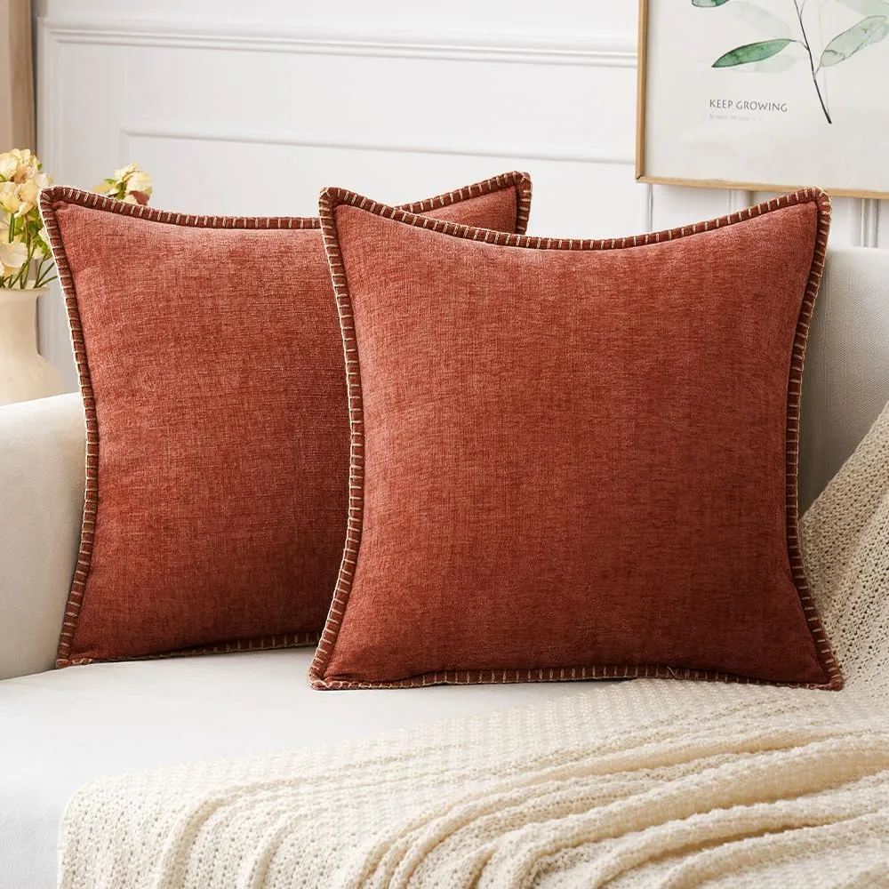 MIULEE Pack of 2 Couch Throw Pillow Covers 16x16 Inch Burnt Orange Farmhouse Decorative Pillow Covers with Stitched Edge Soft Chenille Solid Dyed Fall Pillow Covers for Sofa Bed Living Room
