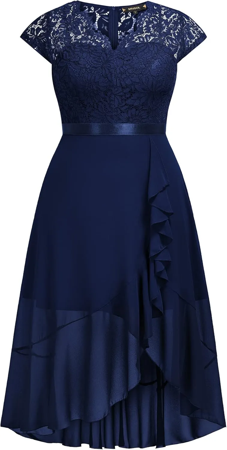 Miusol Women's Plus Size V Neck Elegant Floral Lace Ruffle Bridesmaid Maxi Dress