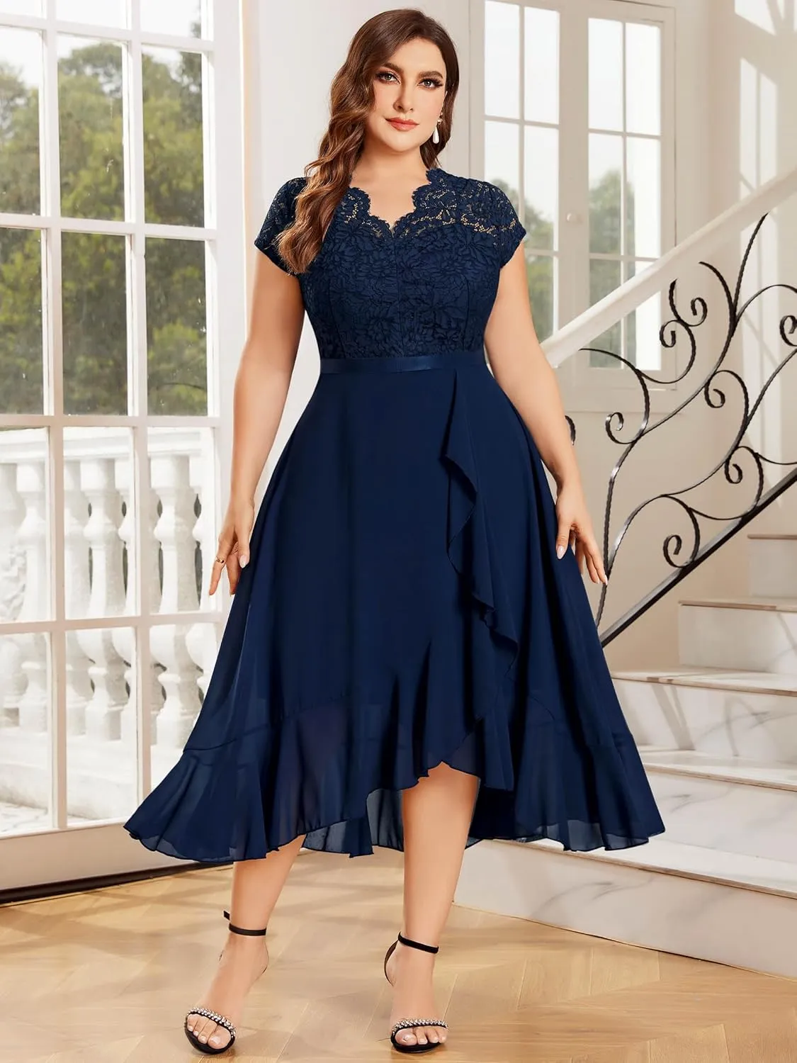 Miusol Women's Plus Size V Neck Elegant Floral Lace Ruffle Bridesmaid Maxi Dress