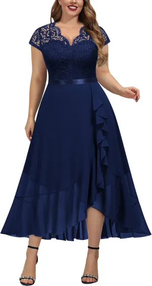 Miusol Women's Plus Size V Neck Elegant Floral Lace Ruffle Bridesmaid Maxi Dress
