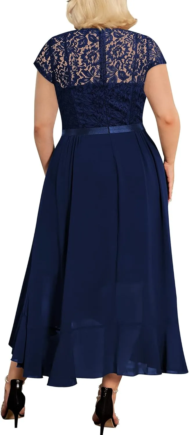 Miusol Women's Plus Size V Neck Elegant Floral Lace Ruffle Bridesmaid Maxi Dress