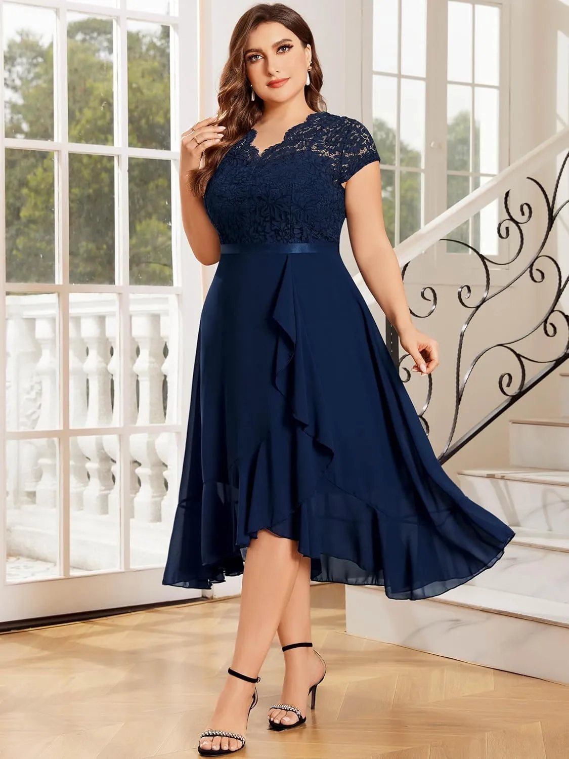Miusol Women's Plus Size V Neck Elegant Floral Lace Ruffle Bridesmaid Maxi Dress