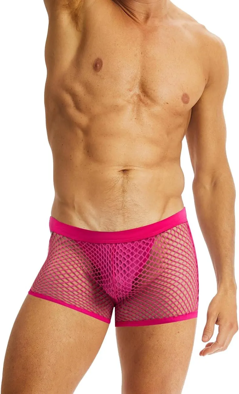 MIZOK Men's Sexy Sheer Fishnet Boxer Briefs Mesh See Through Pouch Boxer Underwear