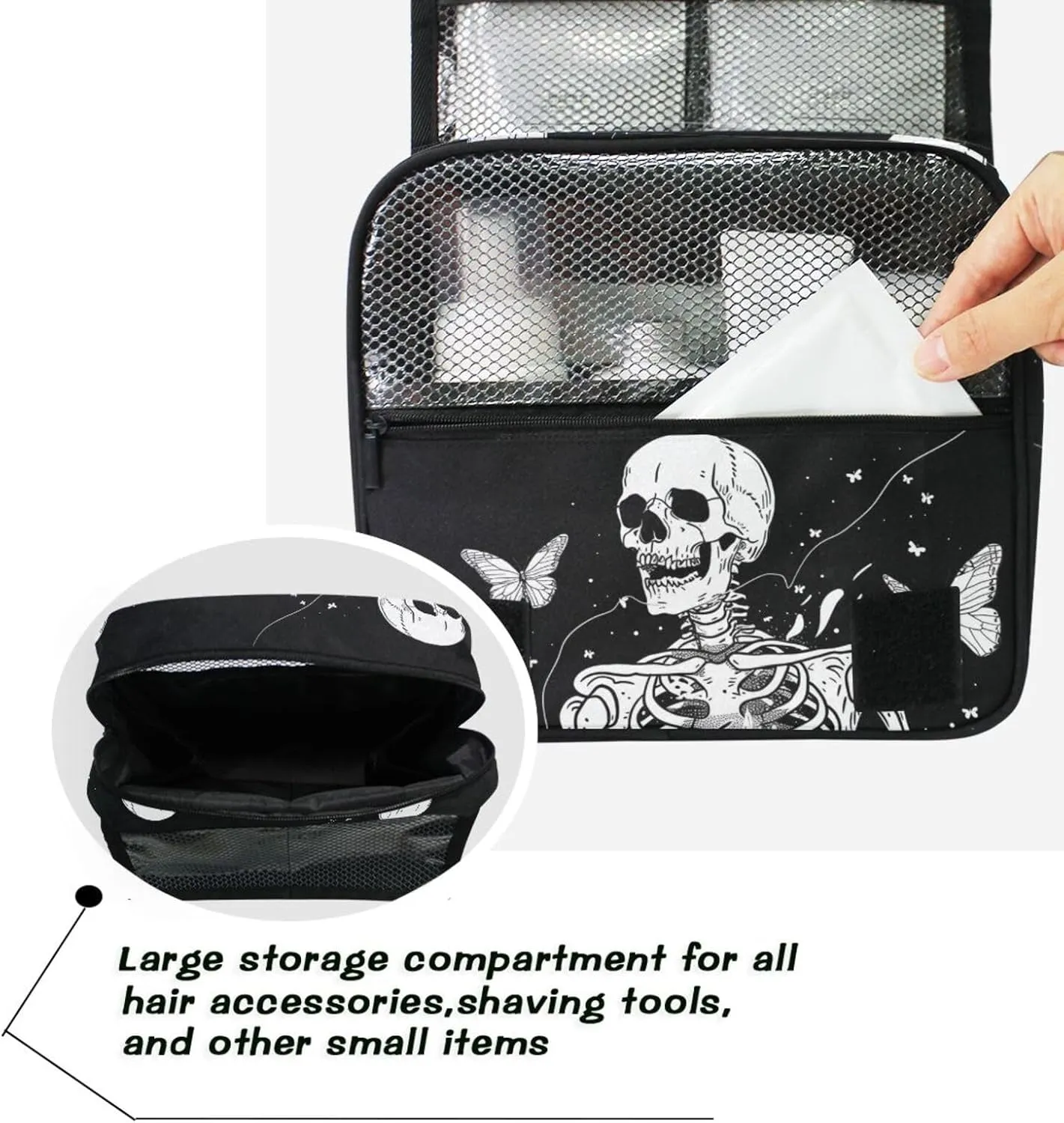 MNSRUU Hanging Toiletry Bag Gothic Skull and Butterflies Travel Makeup bag for Toiletries Portable Travel Toiletry Organizer Cosmetic Bags with Hanging Hook
