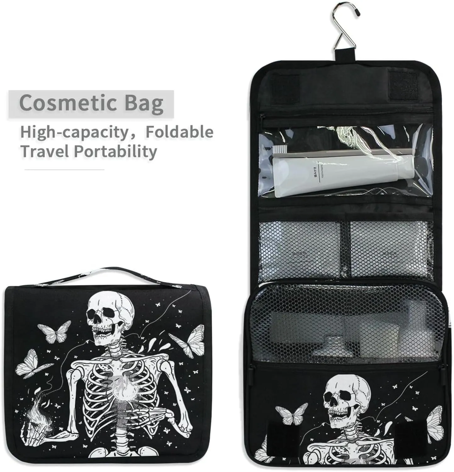 MNSRUU Hanging Toiletry Bag Gothic Skull and Butterflies Travel Makeup bag for Toiletries Portable Travel Toiletry Organizer Cosmetic Bags with Hanging Hook